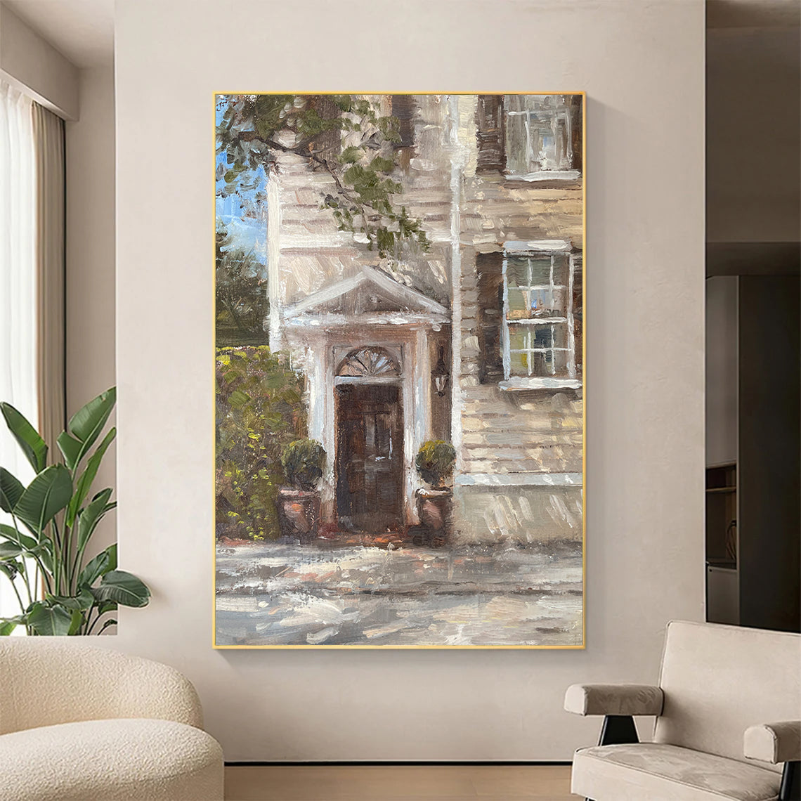 a painting of a house on a wall