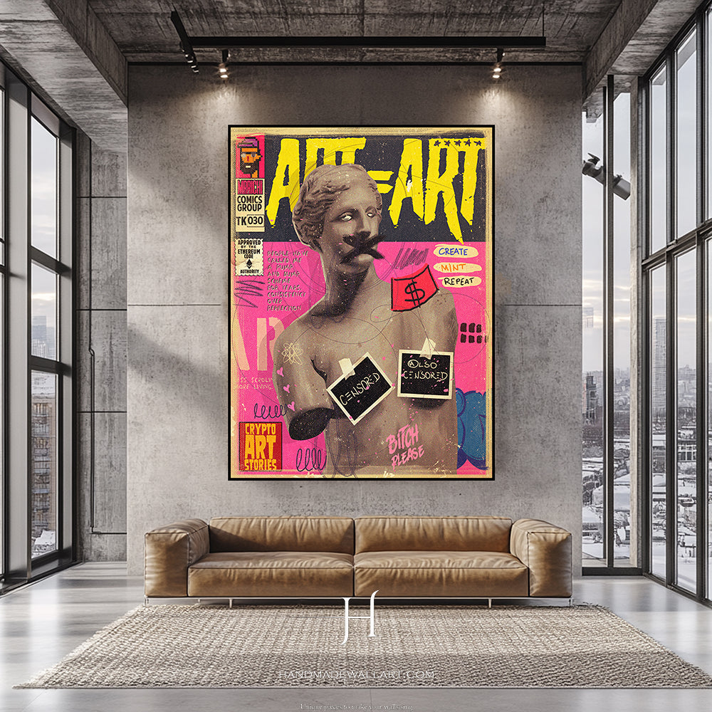 a living room with a couch and a painting on the wall
