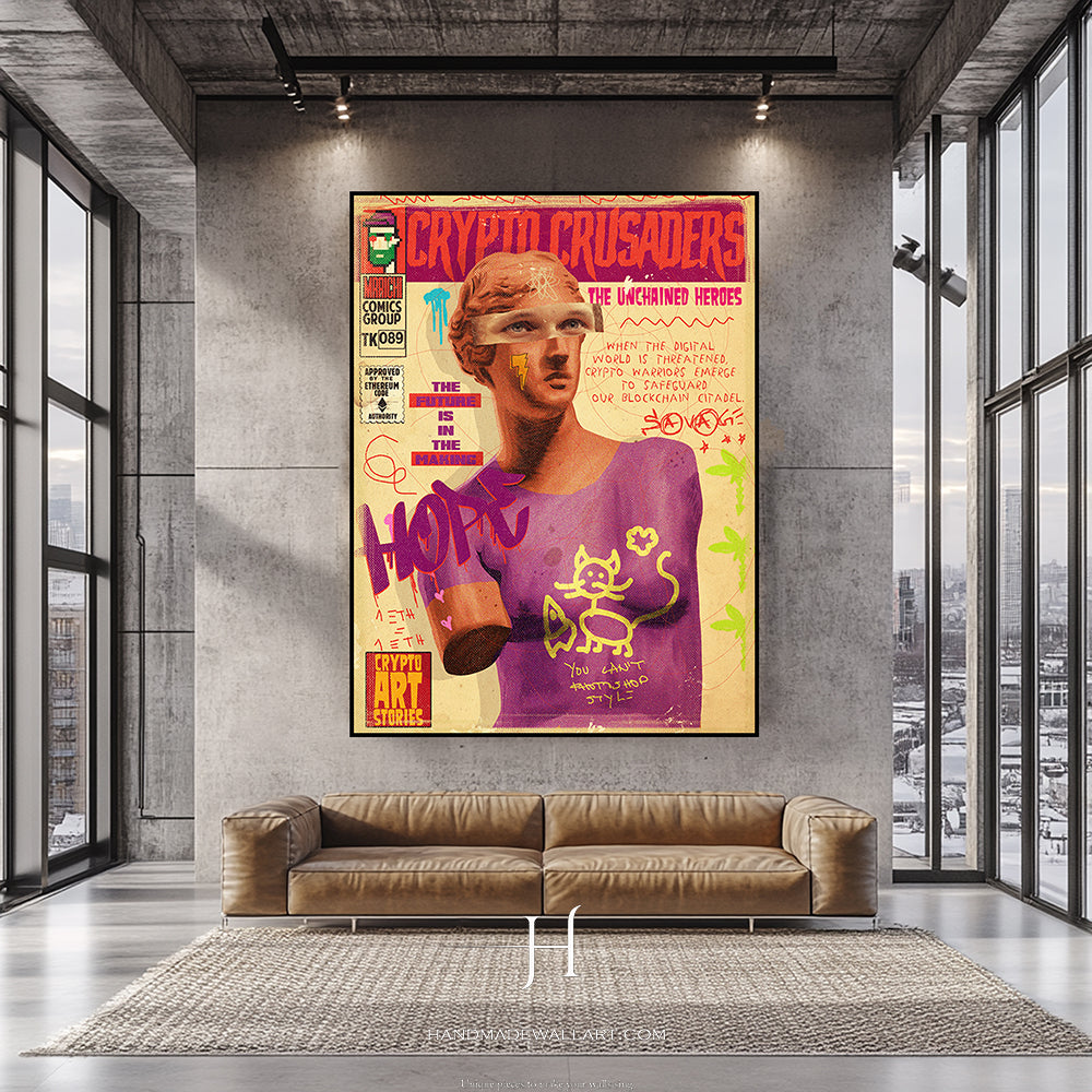 a living room with a couch and a poster on the wall
