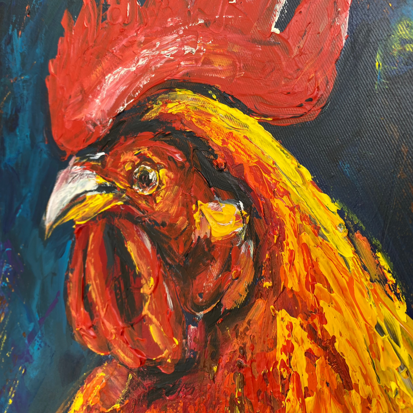 The image is a vibrant, colorful painting of a rooster, with bold brushstrokes and a striking red and yellow color palette.