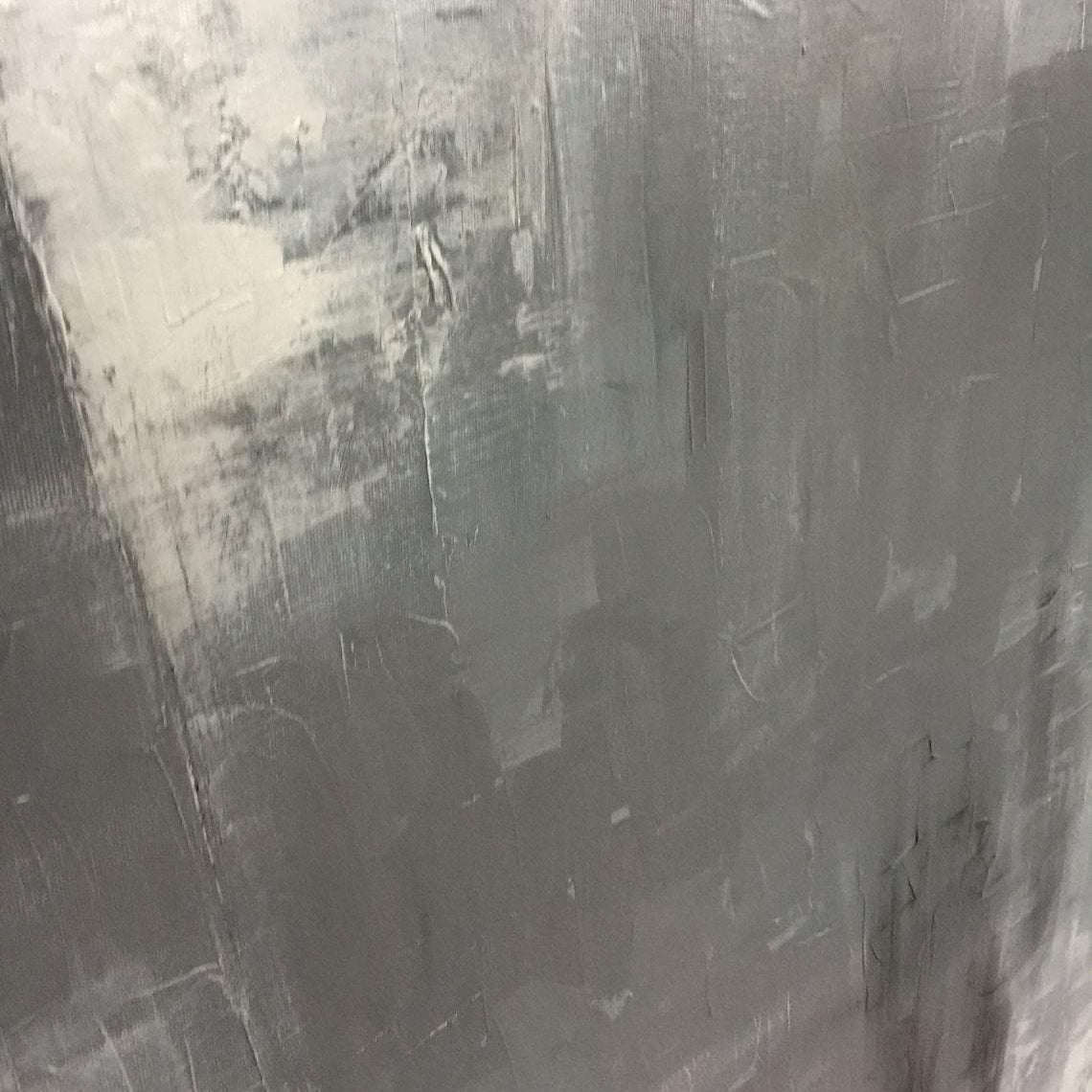 The image is a close-up of a textured surface, possibly a wall or a canvas, with a grayish-white color palette. The surface appears to be slightly worn and has some visible cracks and stains.