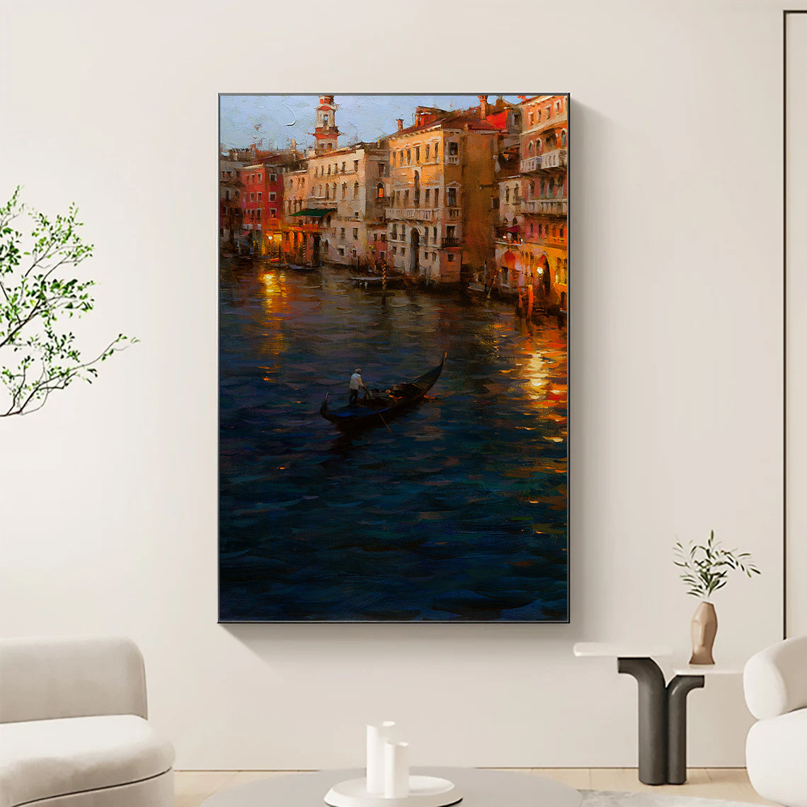 a painting of a gondola in venice at night