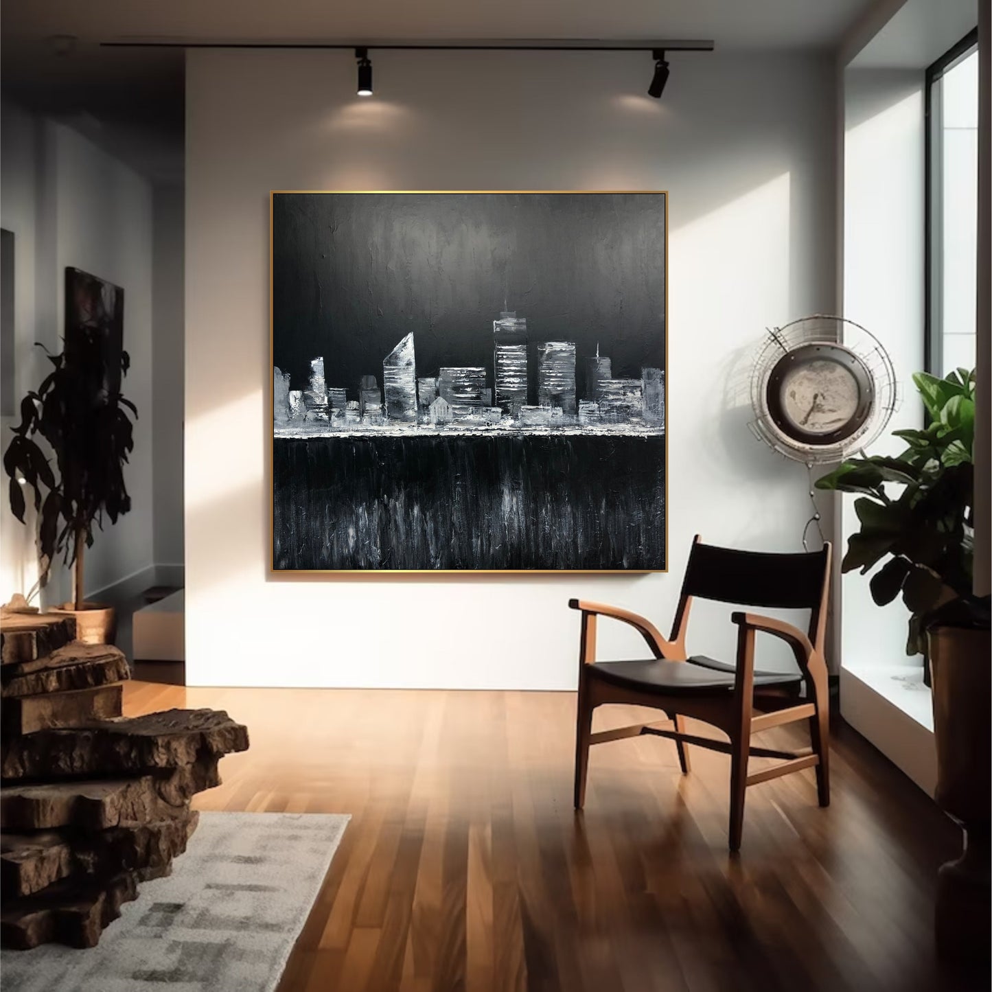 a black and white photo of a cityscape in a living room