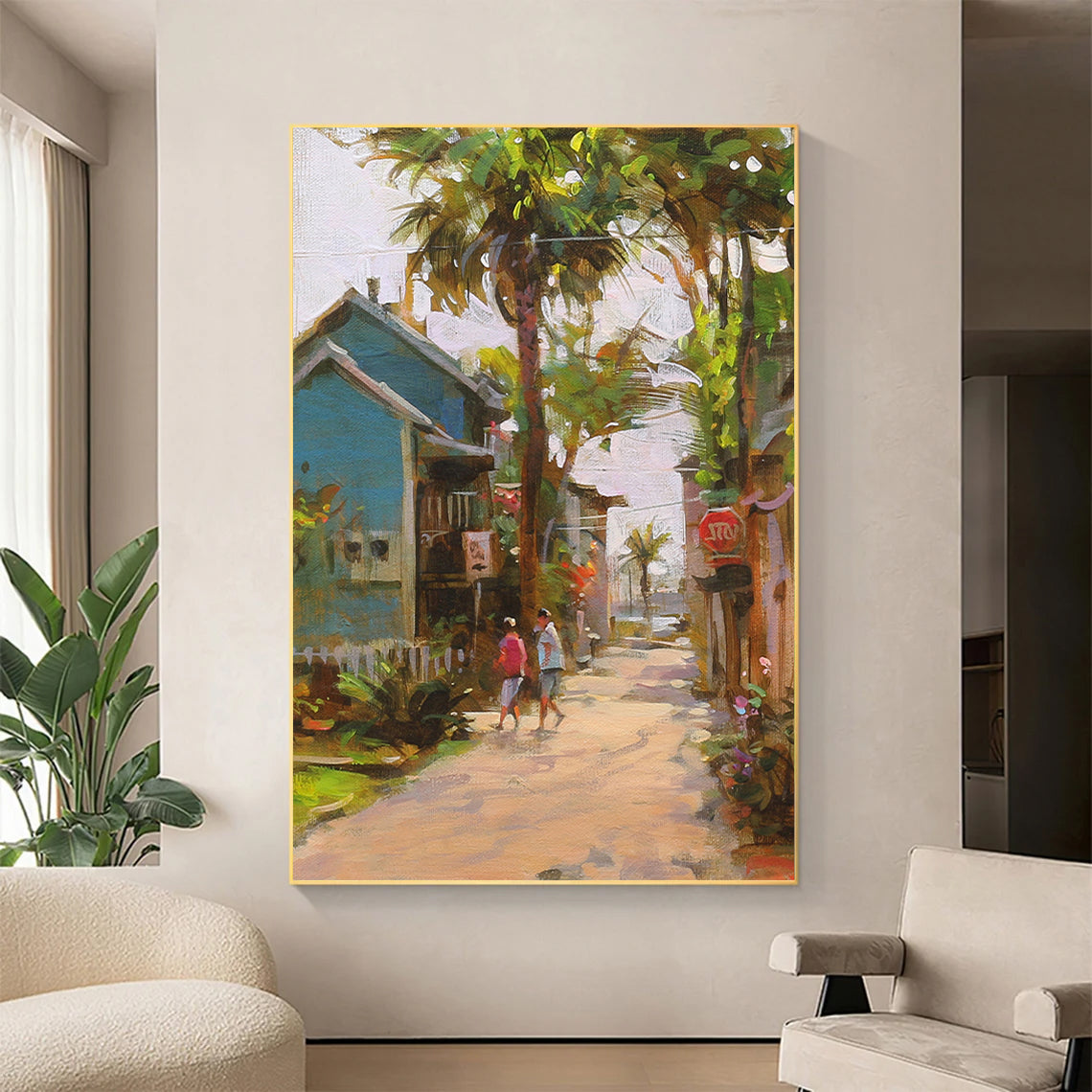 a painting of a person walking down a street