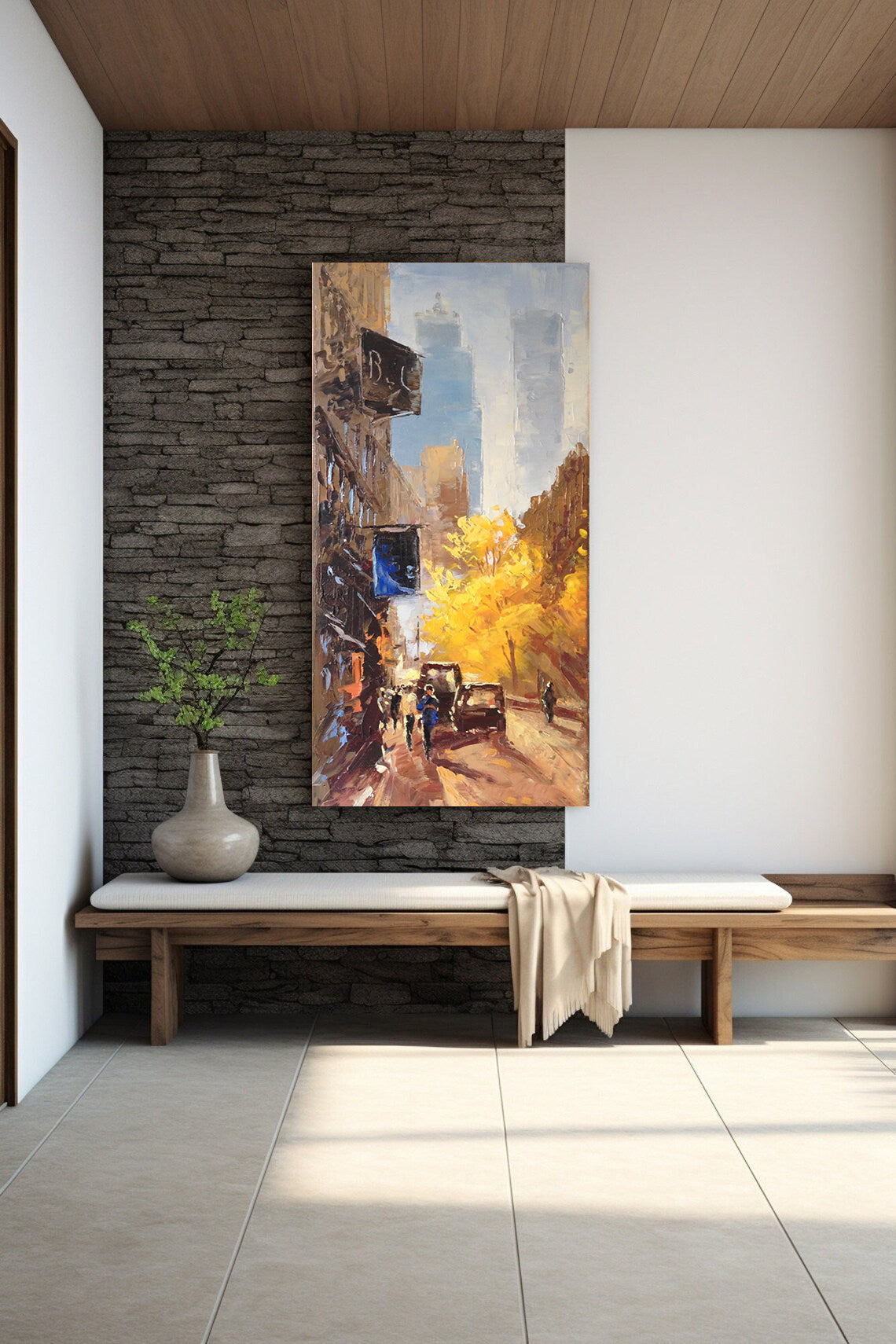 a painting hanging on a wall next to a bench