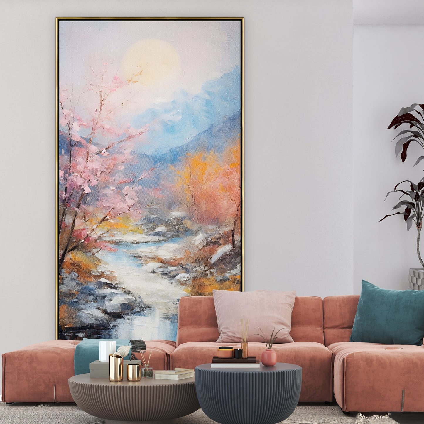 a living room with a large painting on the wall