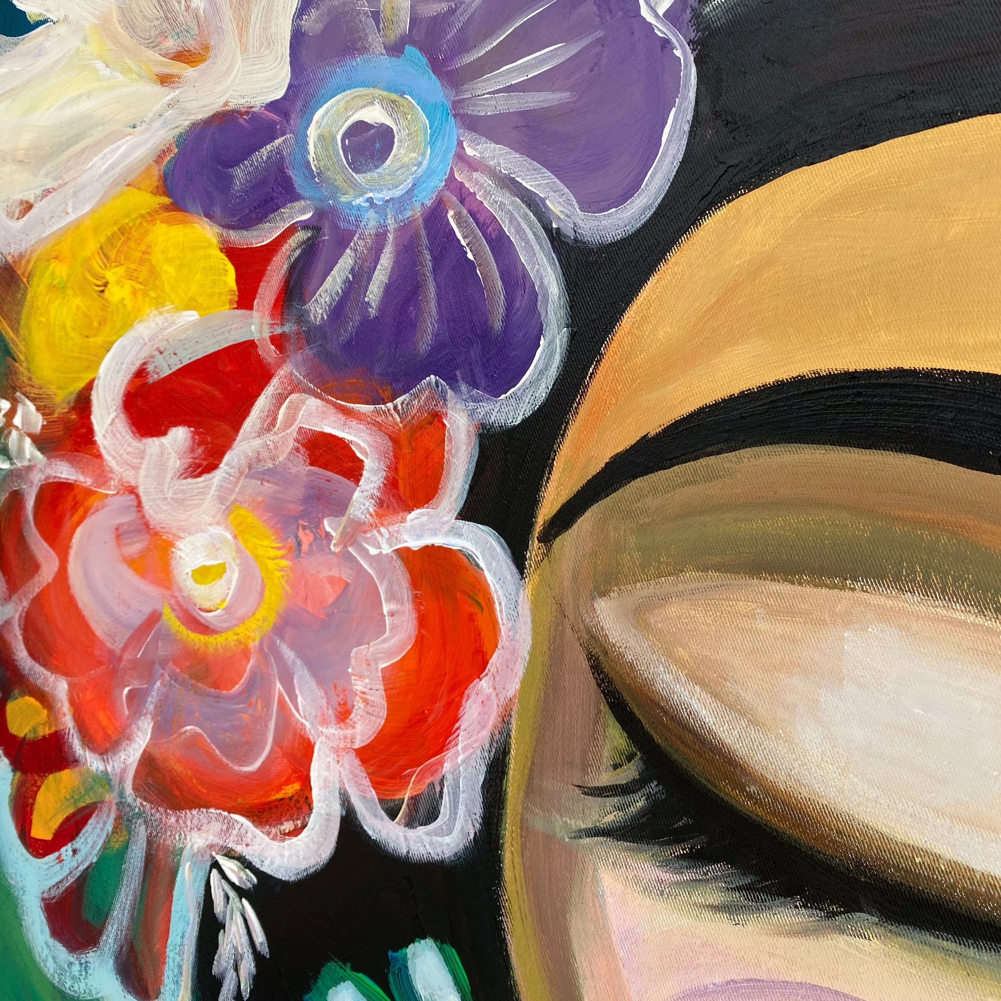 The image is a close-up of a painting featuring a woman's face with a large, colorful flower in the background.
