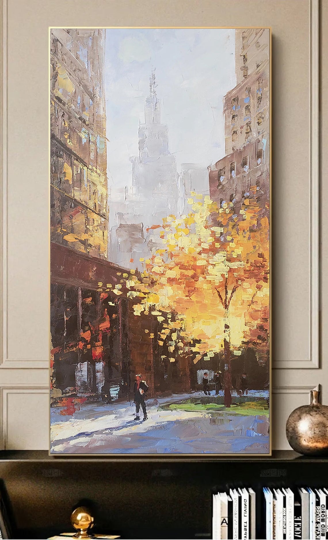 a painting of a man walking down a city street