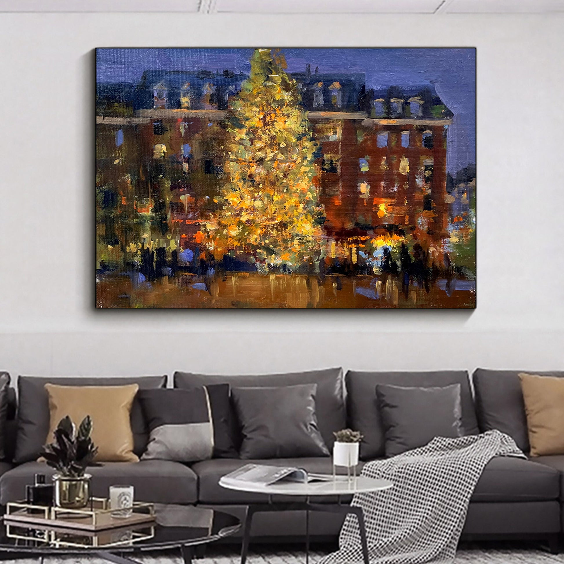 a painting of a christmas tree in a living room