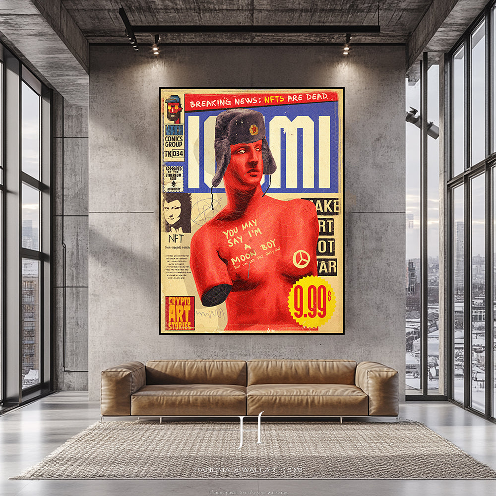 a living room with a couch and a painting on the wall