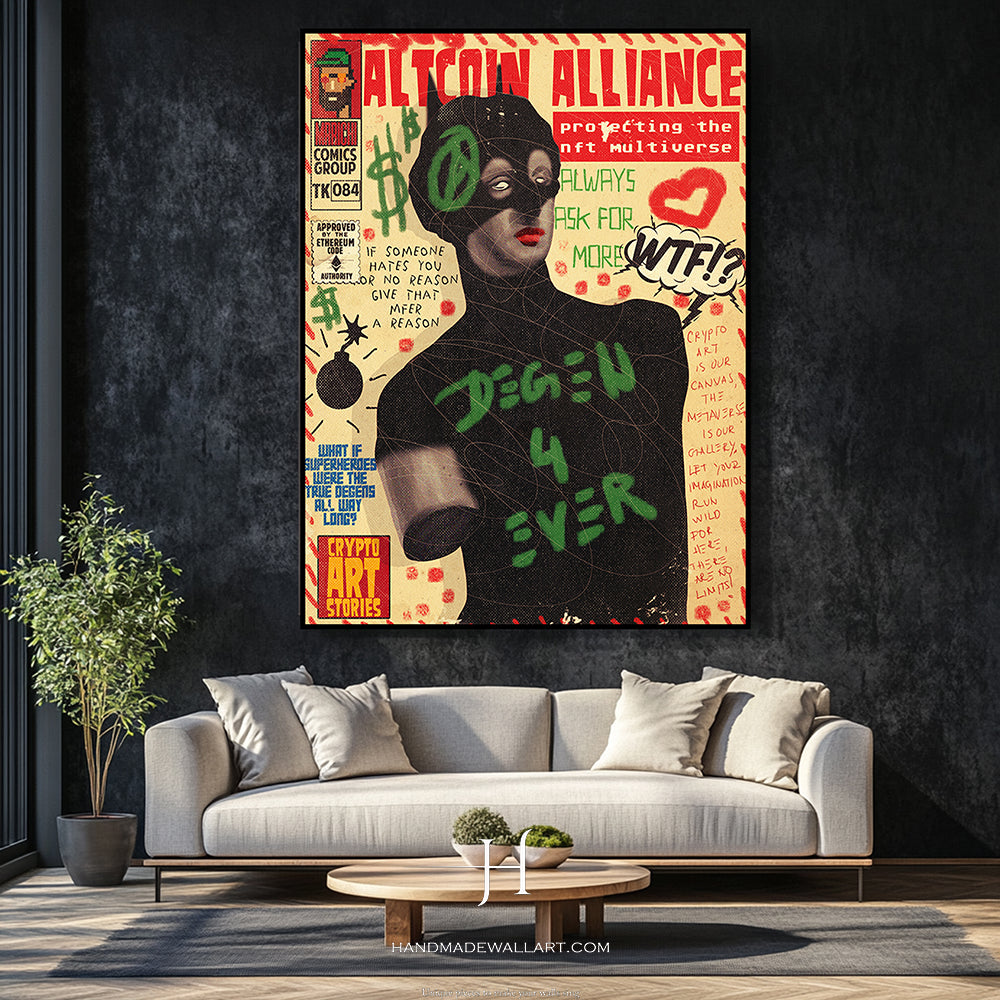 a living room with a couch and a painting on the wall