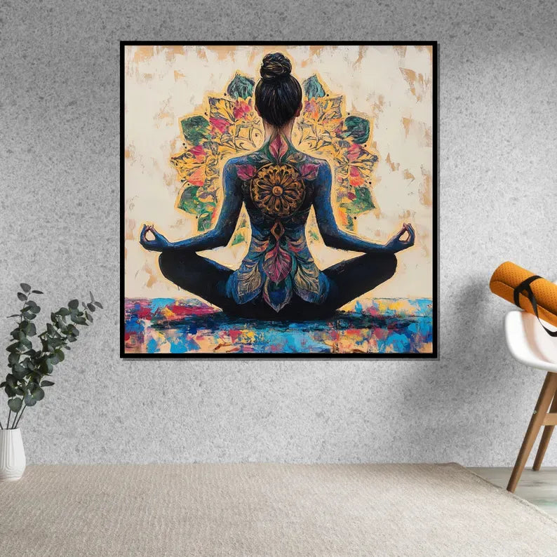 The image is a framed painting depicting a woman in a meditative pose, with a colorful and intricate design on her back.