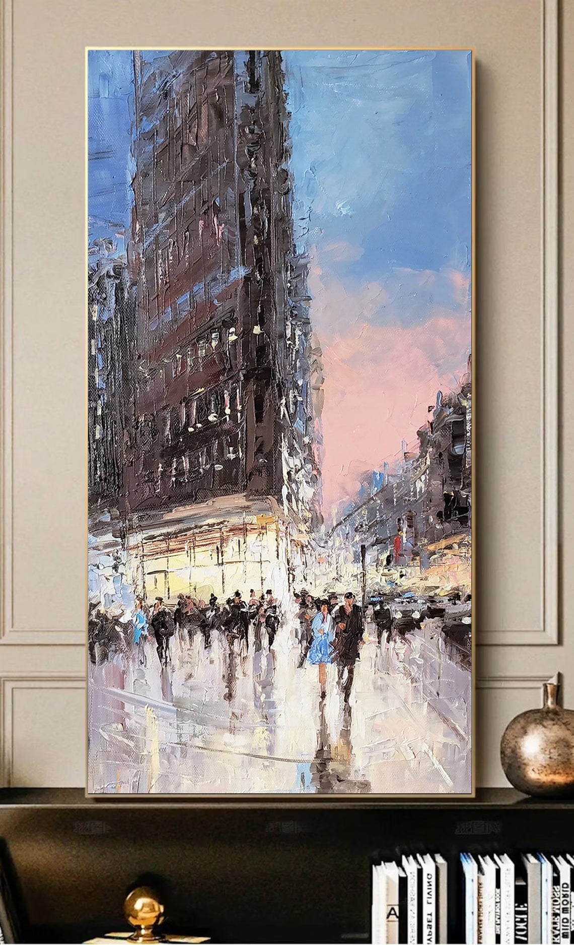 a painting of a cityscape with people walking down the street