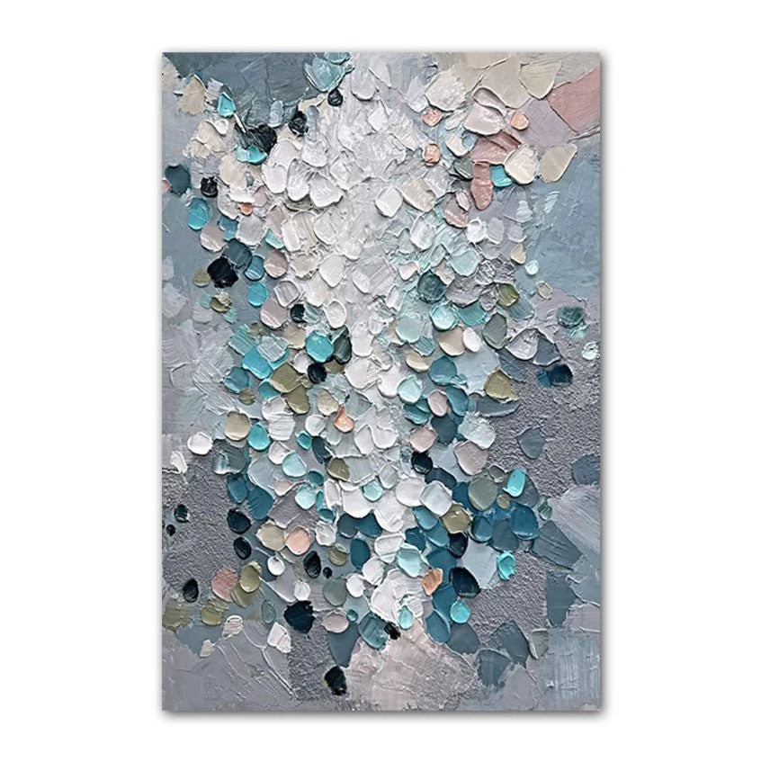 The image is a painting featuring a textured background with a variety of colors and shapes, including shades of blue, green, and gray.