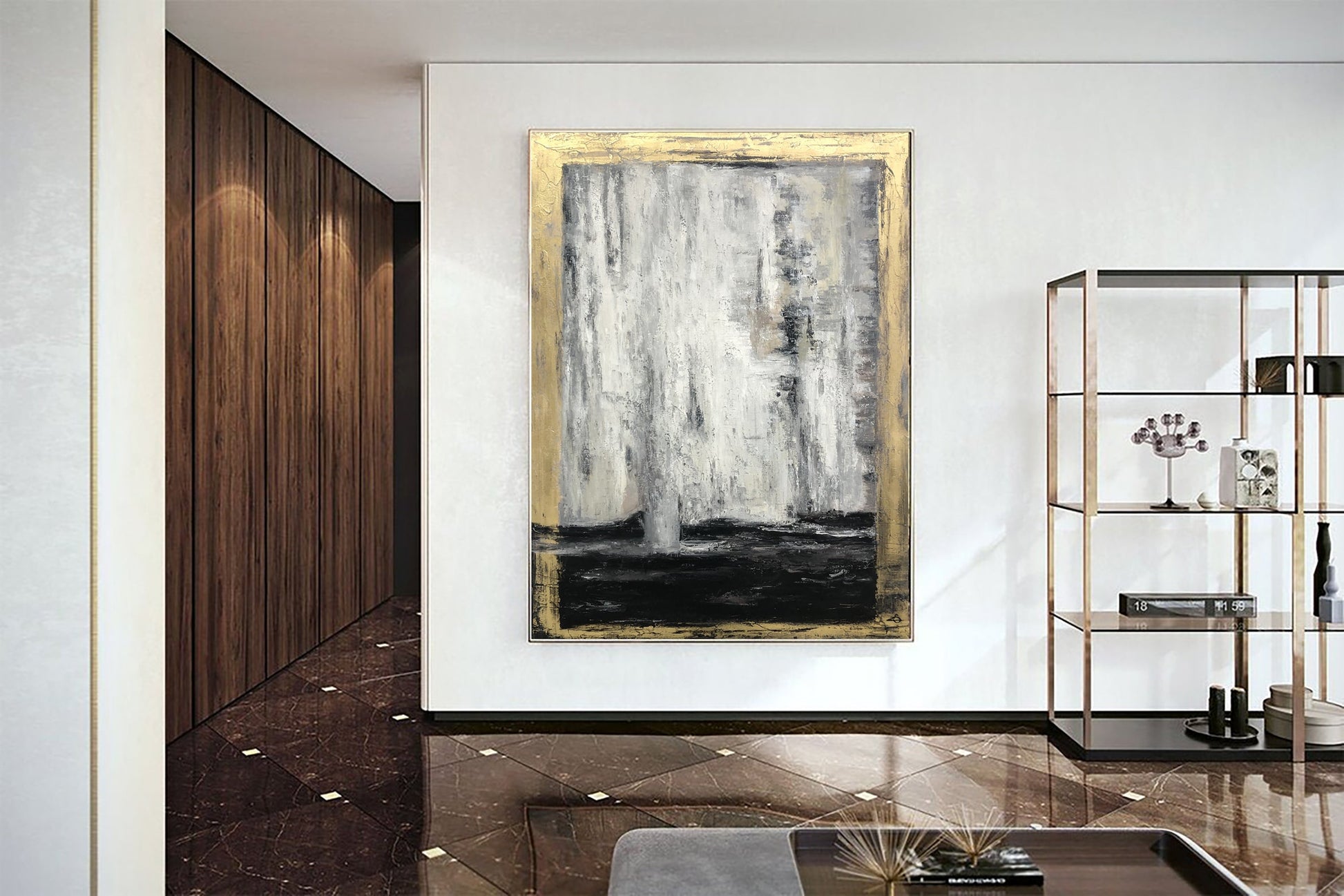 a painting hanging on a wall in a room