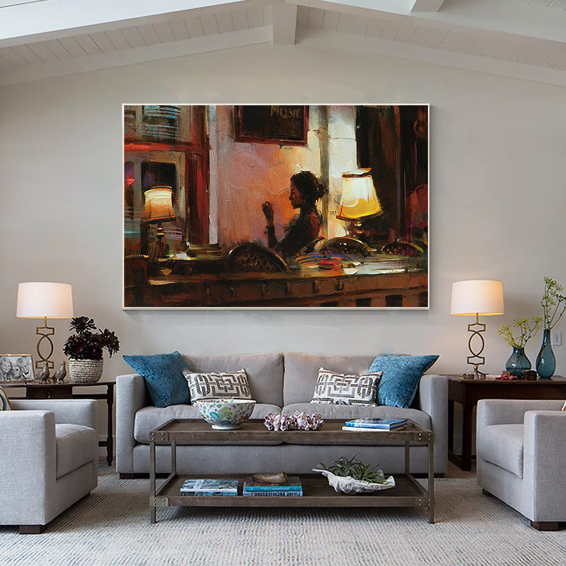 a living room filled with furniture and a painting on the wall