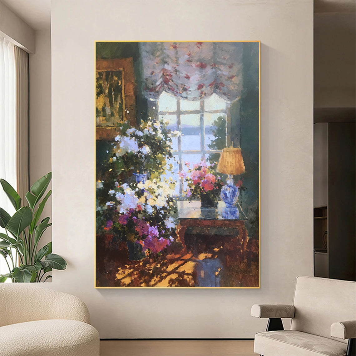 a painting of flowers in a living room