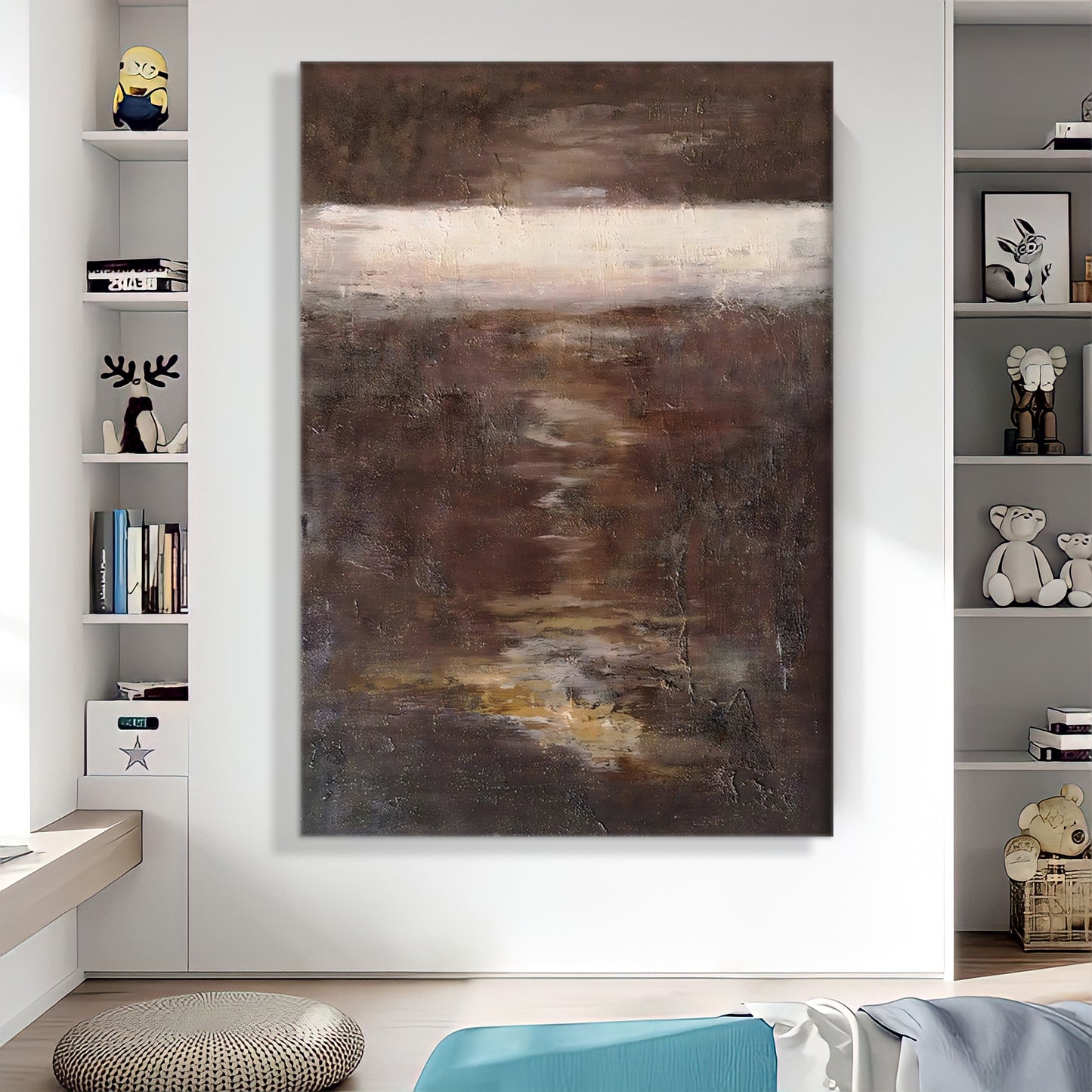 a painting hanging on a wall in a living room