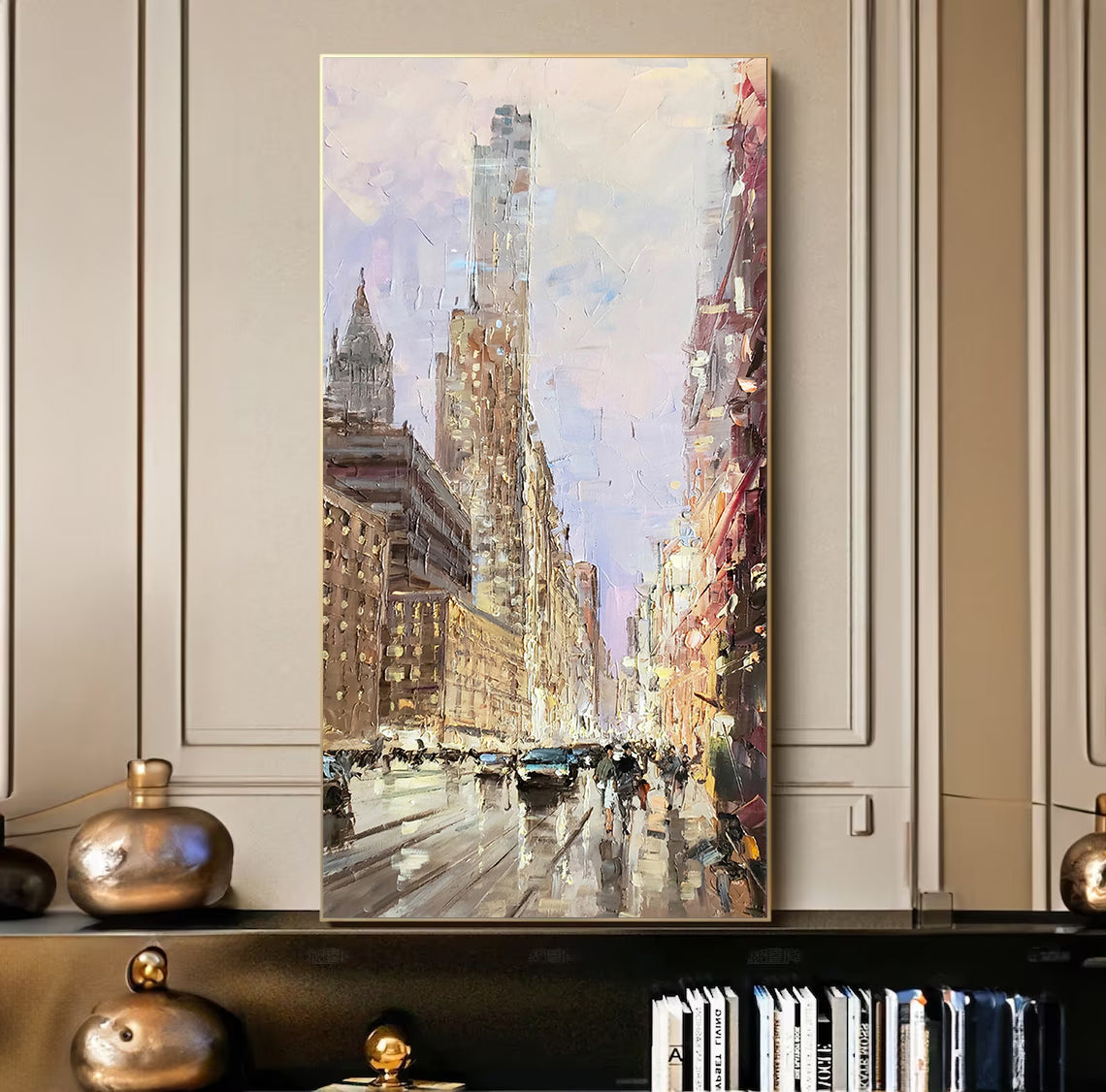 a painting of a city street with a clock tower in the background