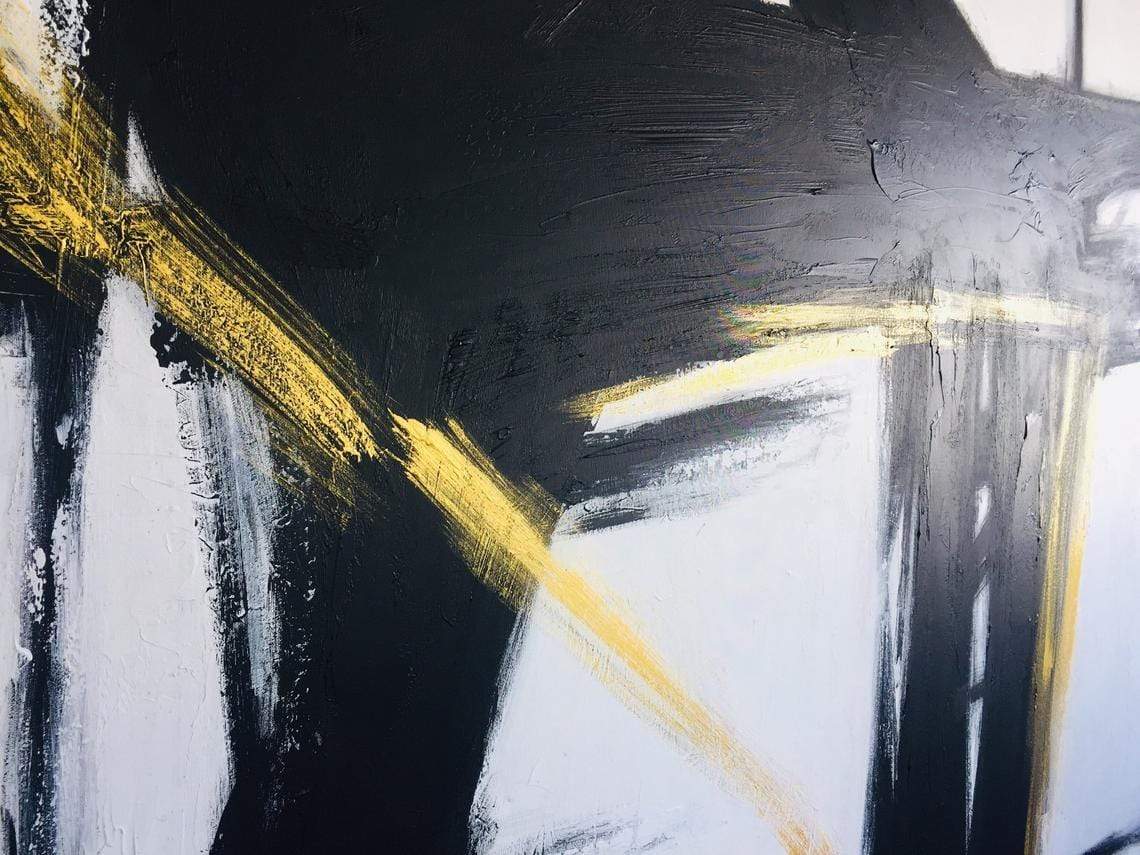 a black and white painting with yellow lines