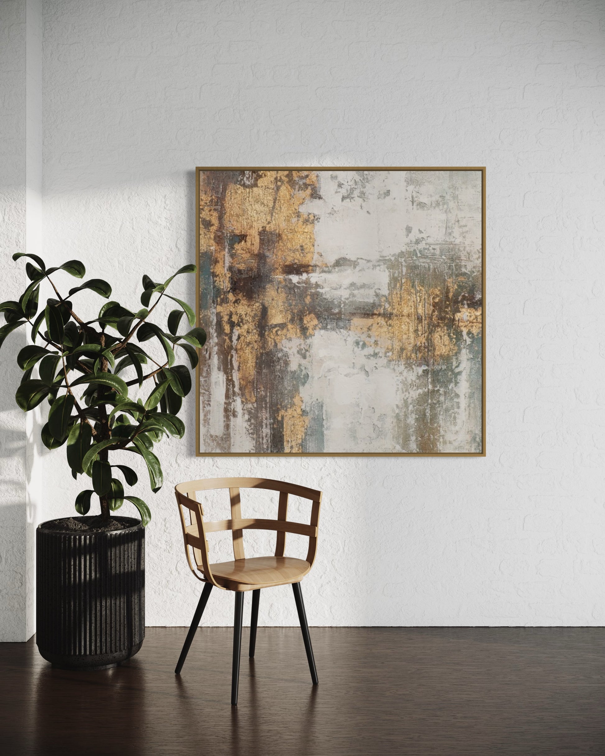 a chair next to a potted plant in a room