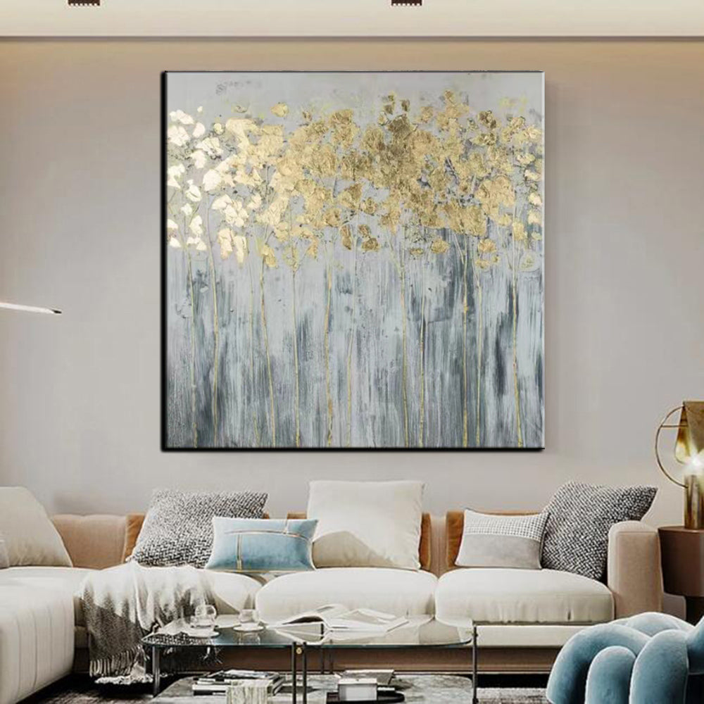 a living room filled with furniture and a painting on the wall
