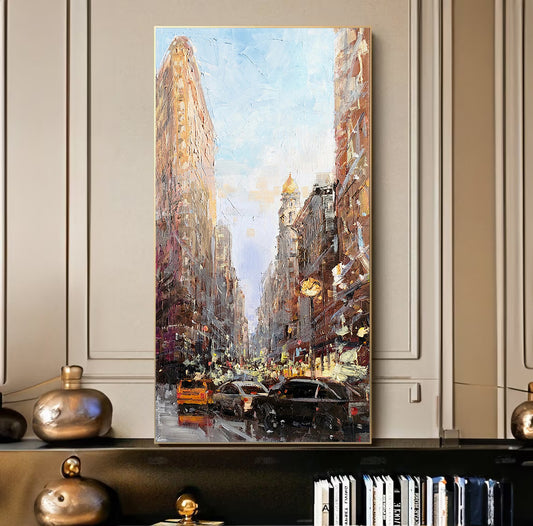 a painting of a city street with cars and buildings