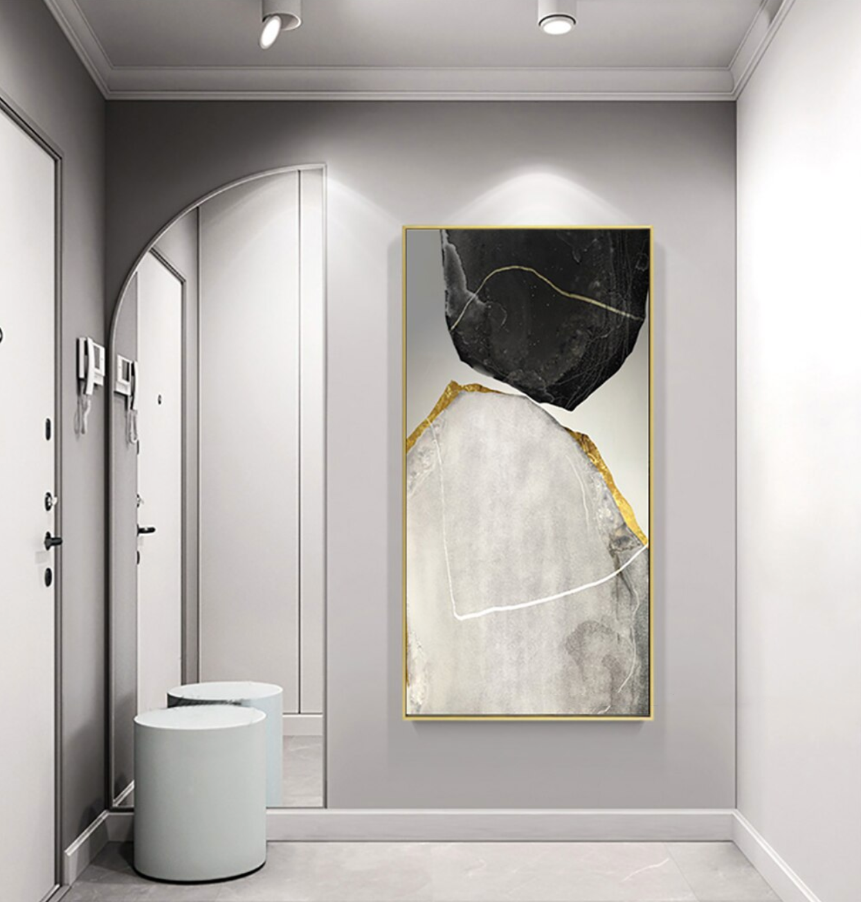 a bathroom with a toilet and a painting on the wall