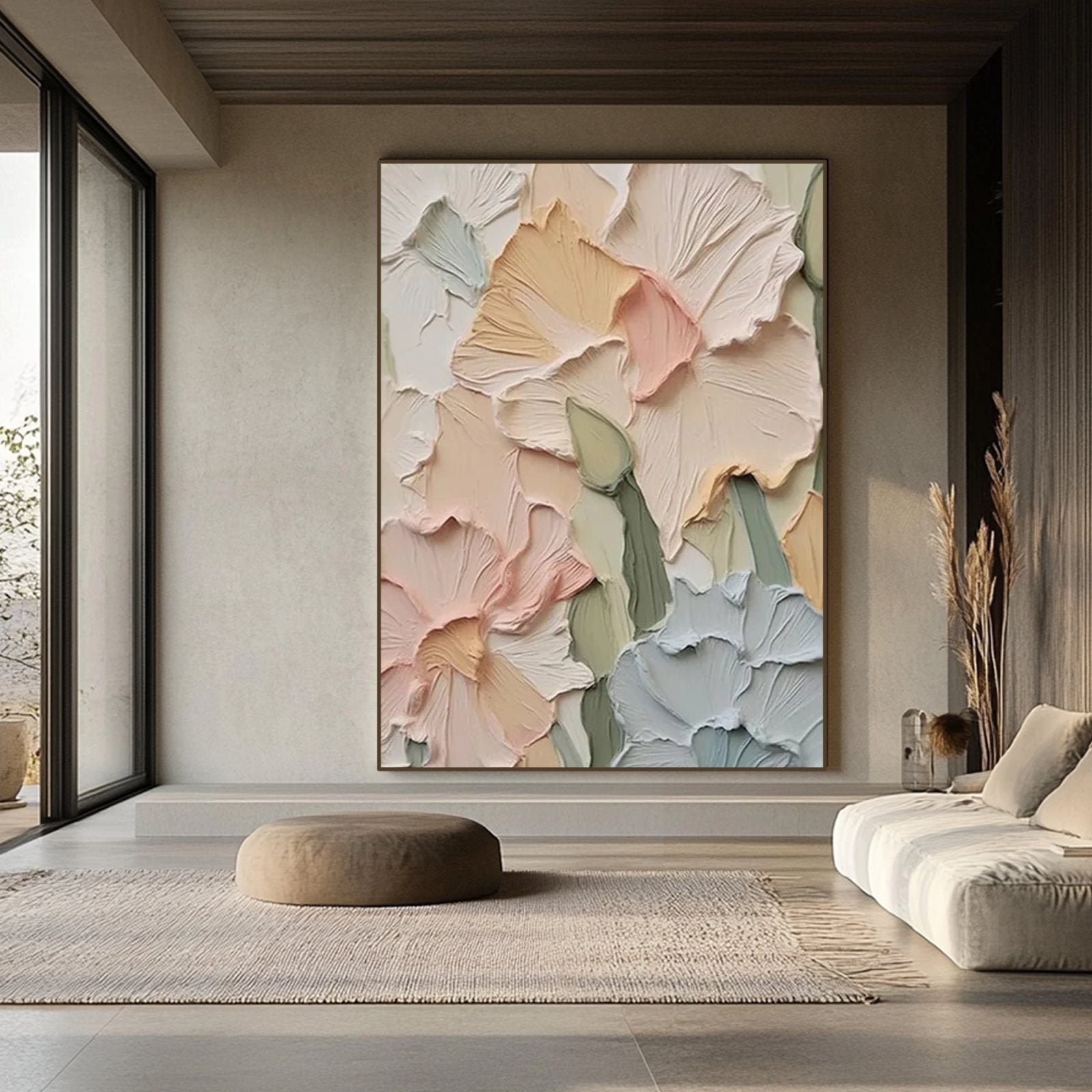 a large, colorful painting of flowers on the wall of a modern living room.