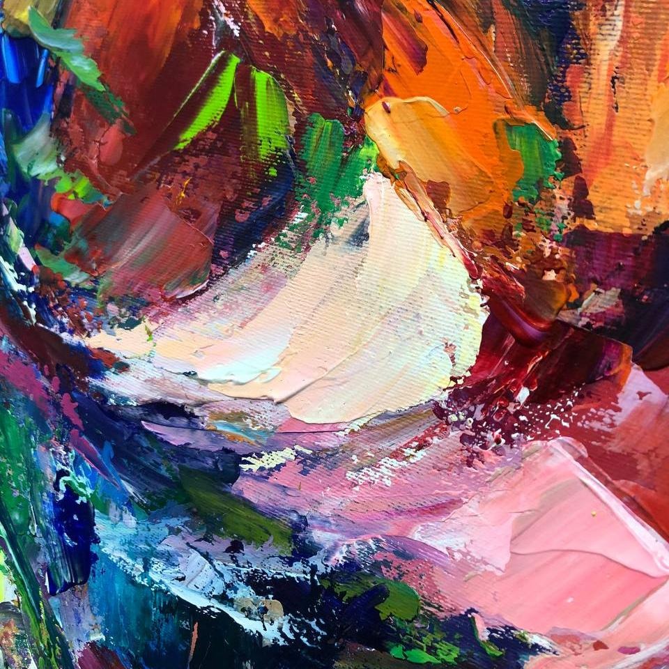 The image is a vibrant and colorful abstract painting, featuring a variety of bold brushstrokes and a mix of warm and cool colors. The painting appears to be a dynamic and energetic composition, with a sense of movement and energy.