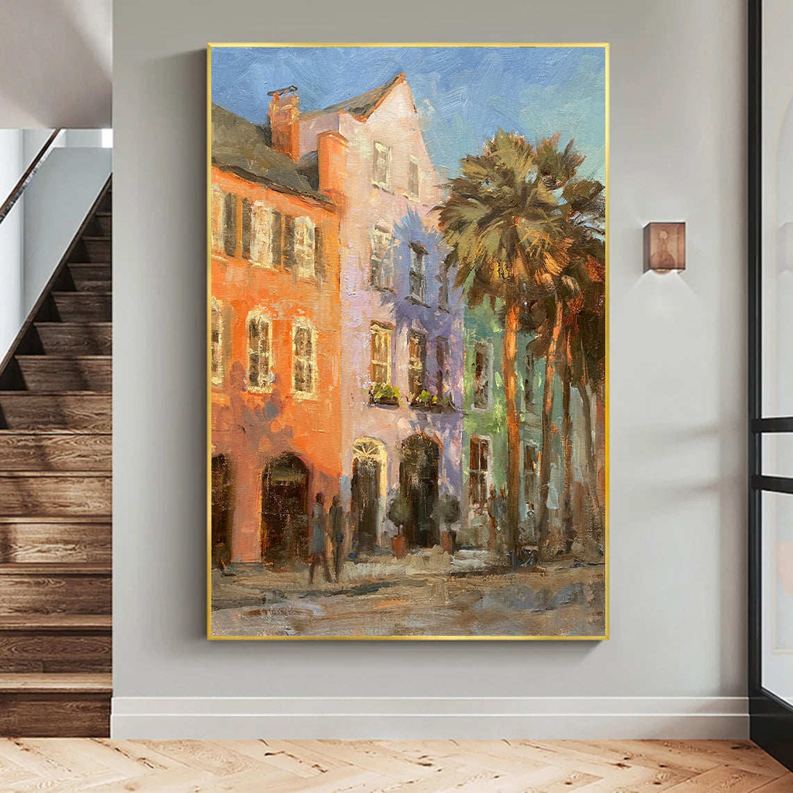 a painting of a city street with palm trees