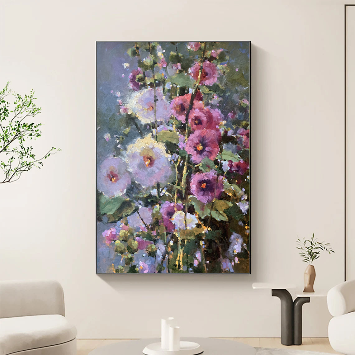 a painting of flowers on a wall in a living room