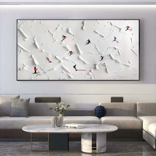 a living room with a large painting on the wall