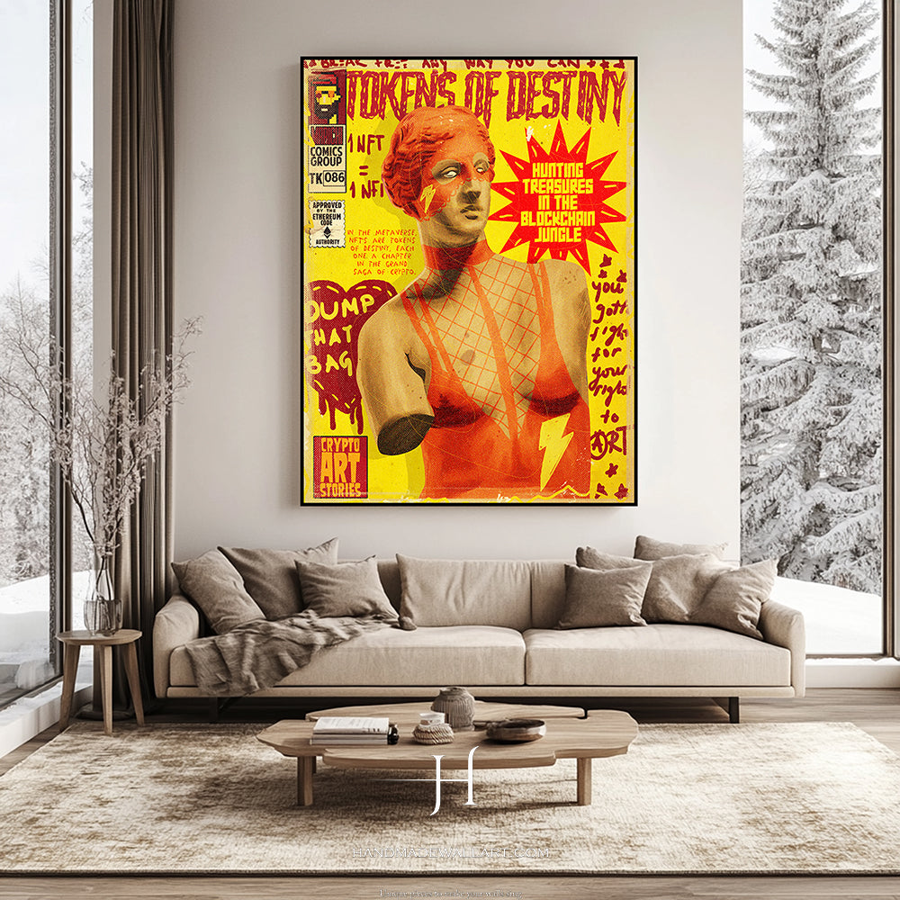 a living room with a couch and a painting on the wall