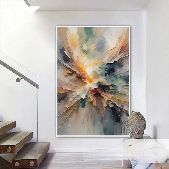 a large abstract painting hanging on a white wall, with a staircase visible in the background.