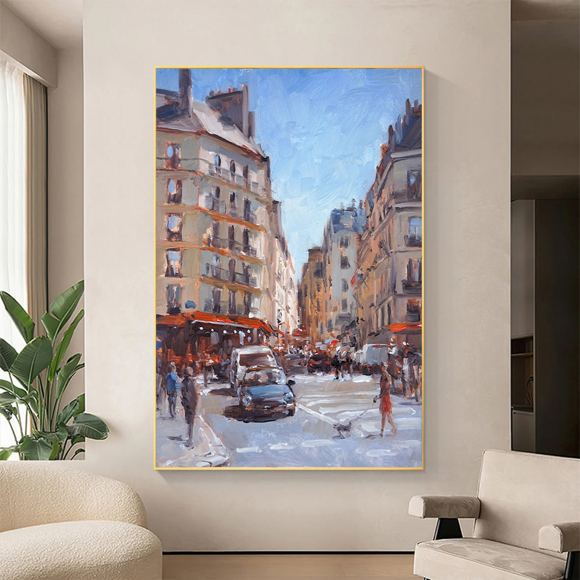 a painting of a busy city street in winter