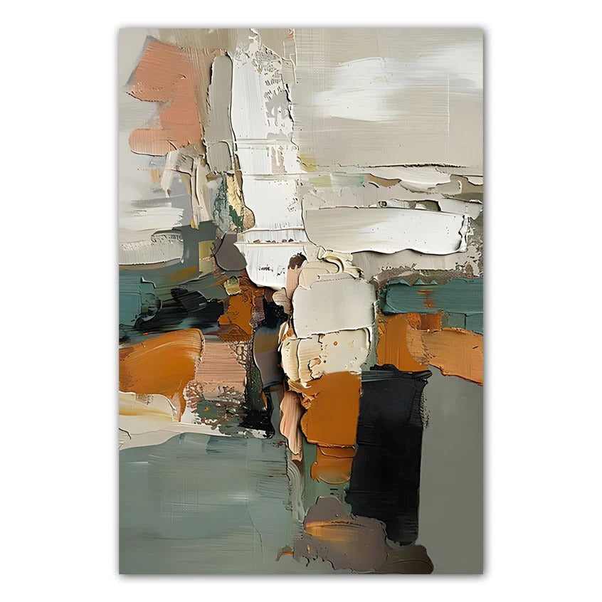 The image is an abstract painting with a mix of colors and textures, including shades of orange, white, and black. The painting appears to be a modern art piece, with a focus on the interplay of colors and brushstrokes.