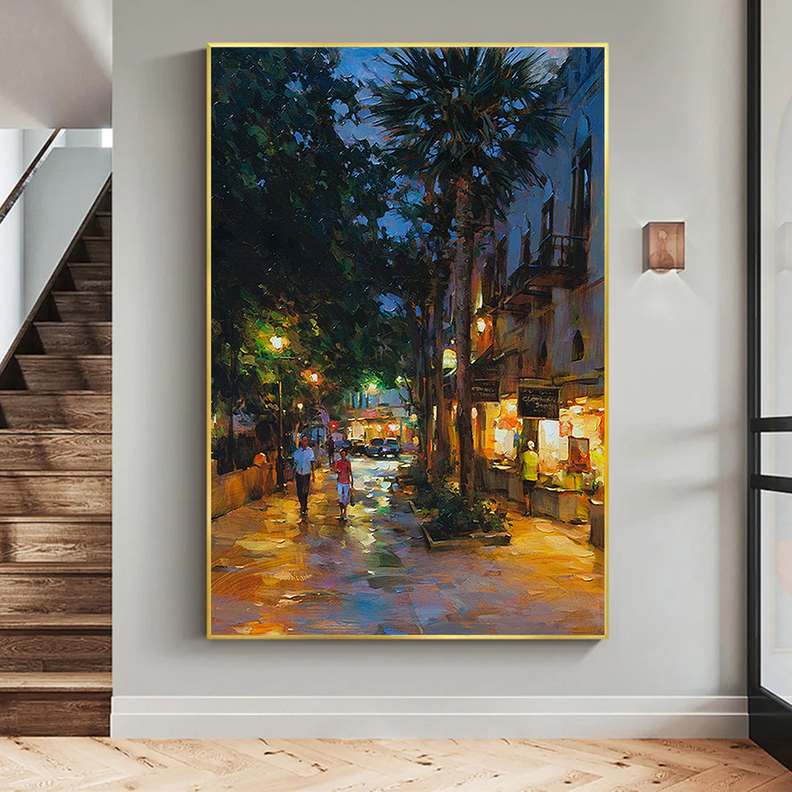 a painting of a city street at night