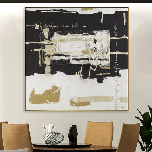 a painting hanging on a wall above a dining room table