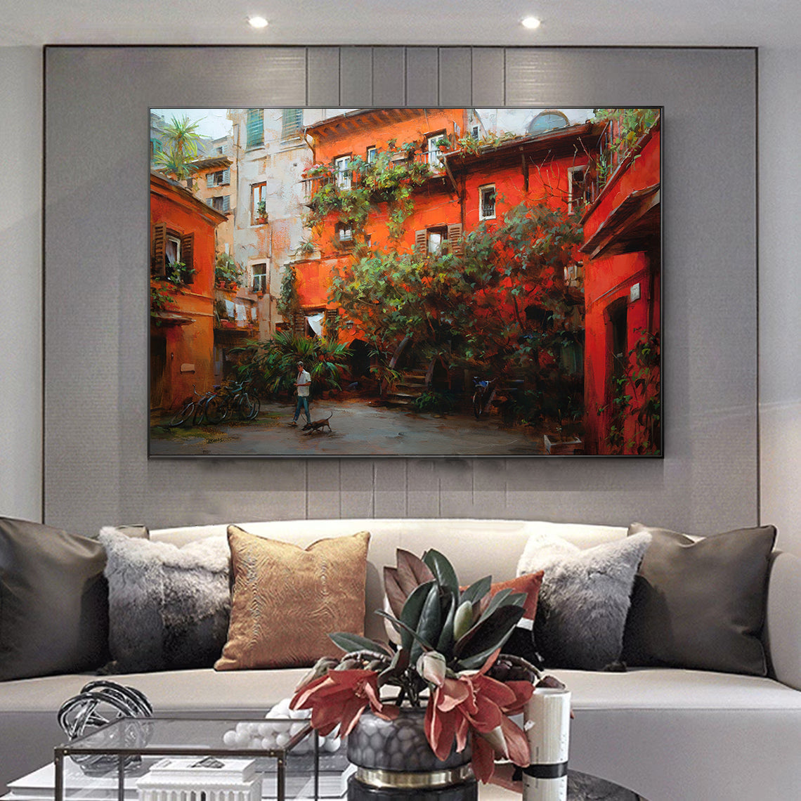 a living room filled with furniture and a painting on the wall