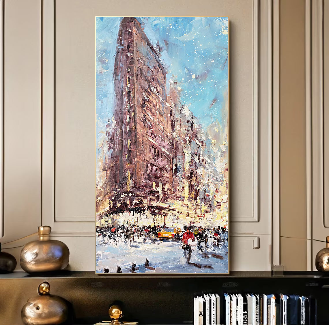 a painting of a cityscape with people walking on the street