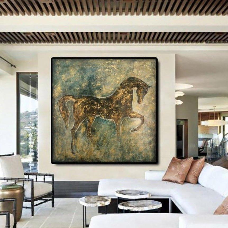 a large painting of a horse on the wall of a modern living room.