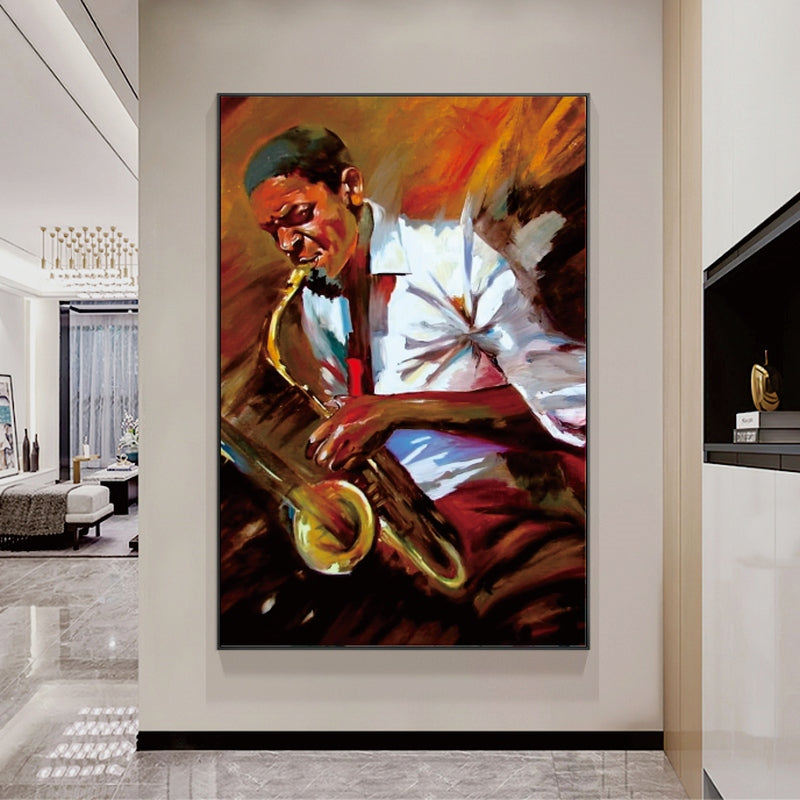 a painting of a man playing a saxophone