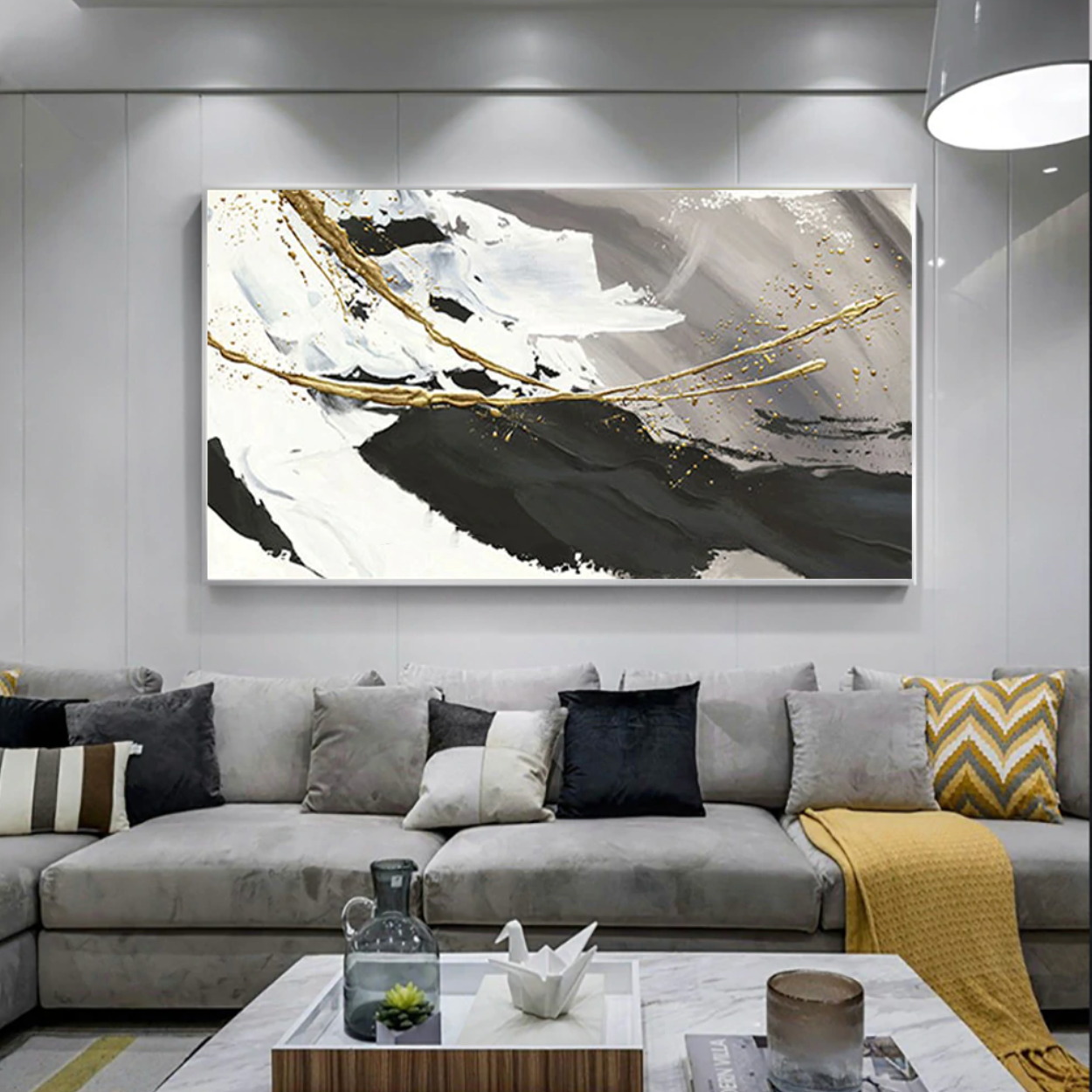 a living room with a large painting on the wall