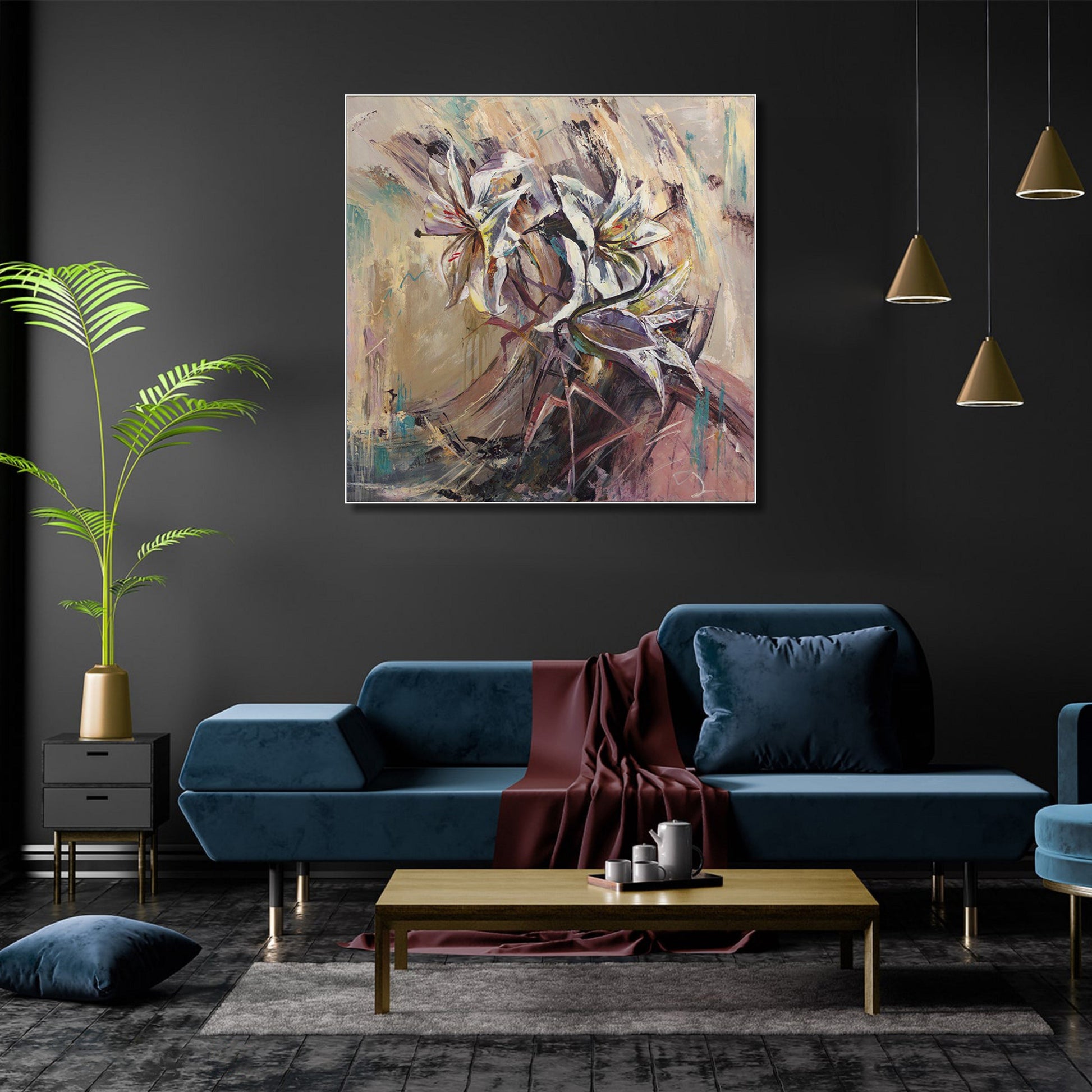 a modern living room with a large abstract painting hanging on the wall above a blue sofa. The room has a dark color scheme, with a wooden coffee table in the center and a potted plant on the left side. The overall atmosphere appears to be sophisticated and stylish.
