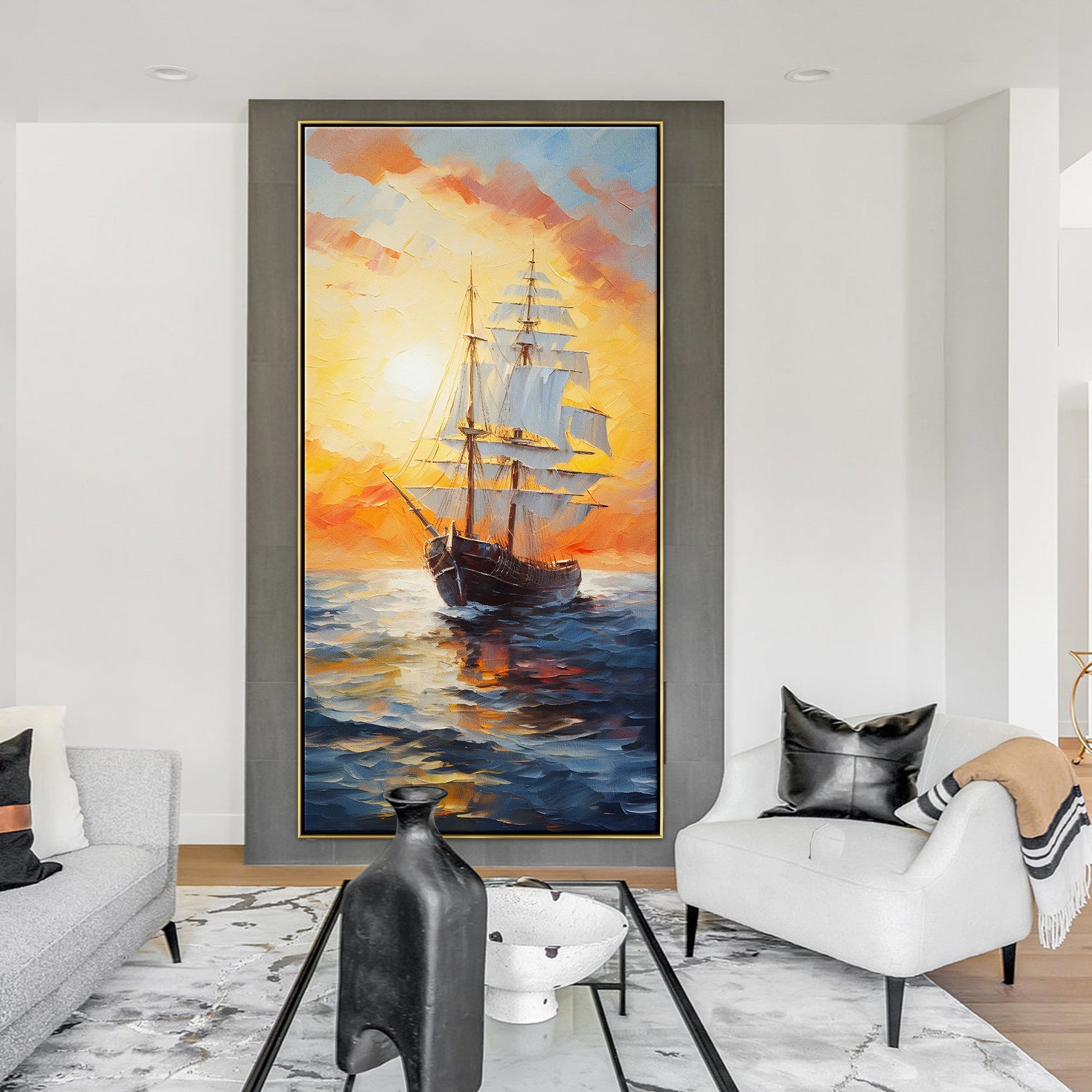 a living room with a painting of a ship on the wall