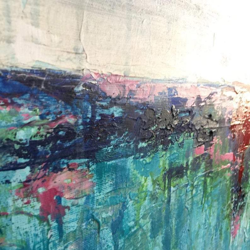 The image is an abstract painting with a vibrant mix of colors and brushstrokes, creating a dynamic and visually striking composition.