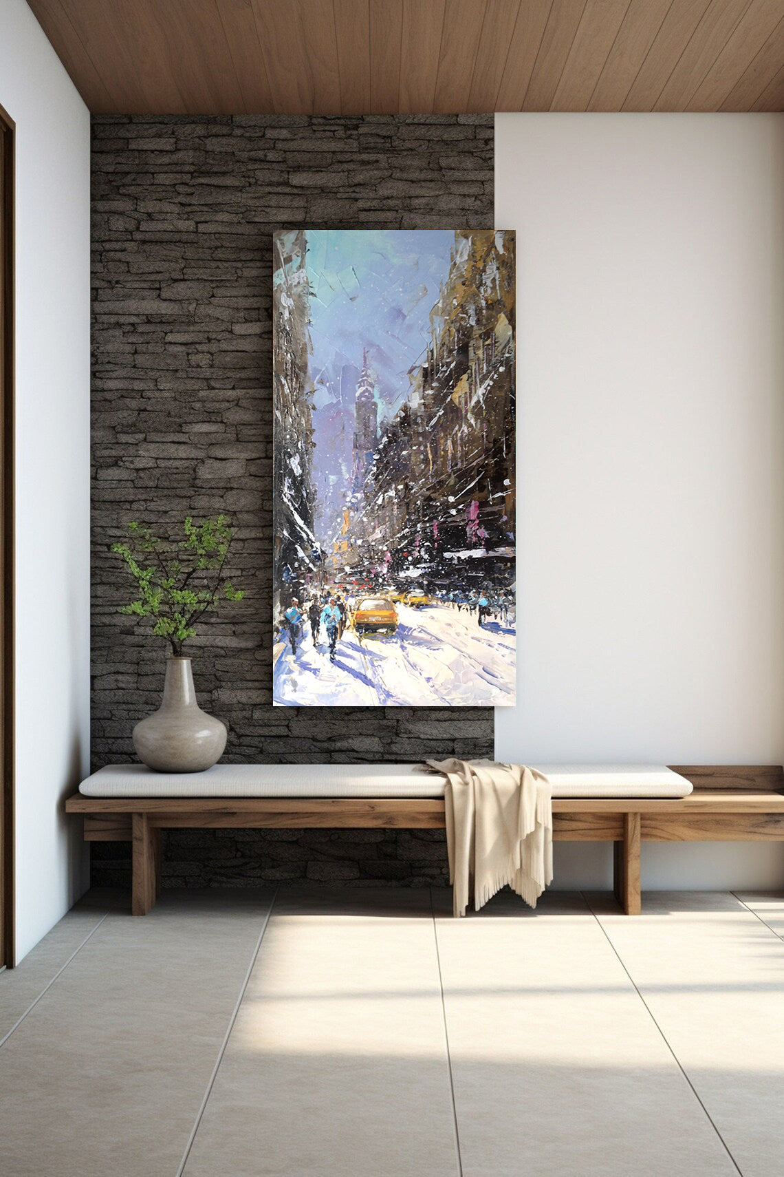 a painting of a city street with a bench in front of it