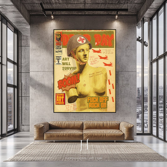 a living room with a couch and a poster on the wall
