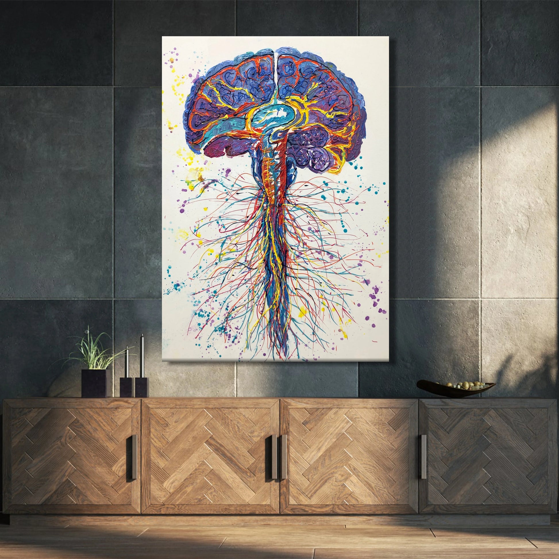 a large, colorful painting of a brain with intricate patterns and splashes of color, hanging on a wall above a wooden cabinet.